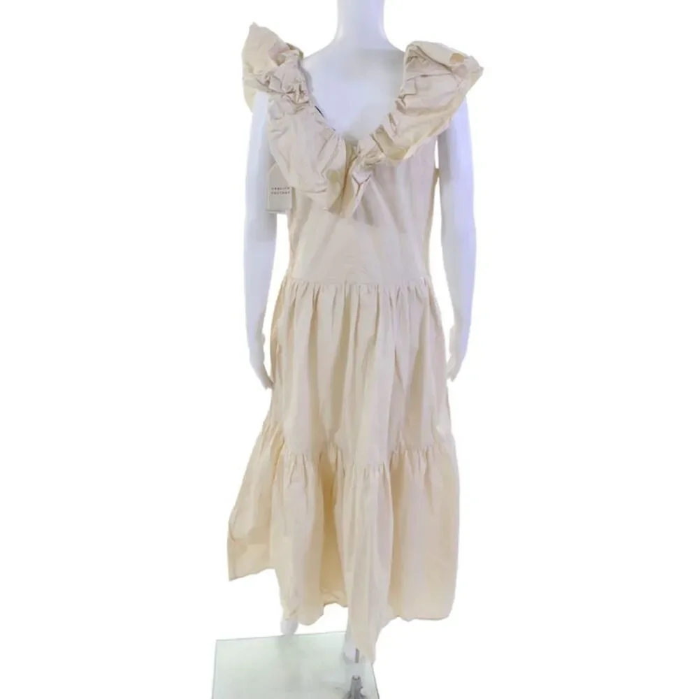English Factory Womens Textured Ruffle Sleeve Scoop Neck Long Dress Nude Size M